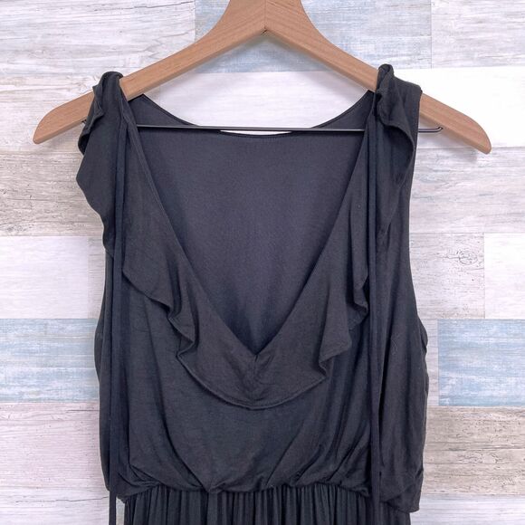 LOFT Ruffle V Back Dress Black Tasseled Stretch Jersey Knit Casual Womens XS - Picture 2 of 8